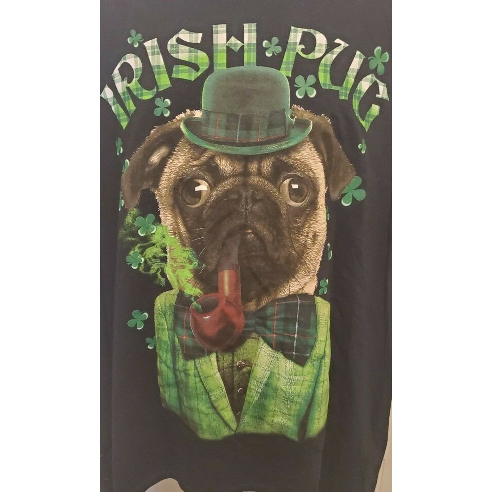 Irish Pug with Pipe St. Patrick's Day Mens Tee Shirt‎ XXL Black Cool Lucky